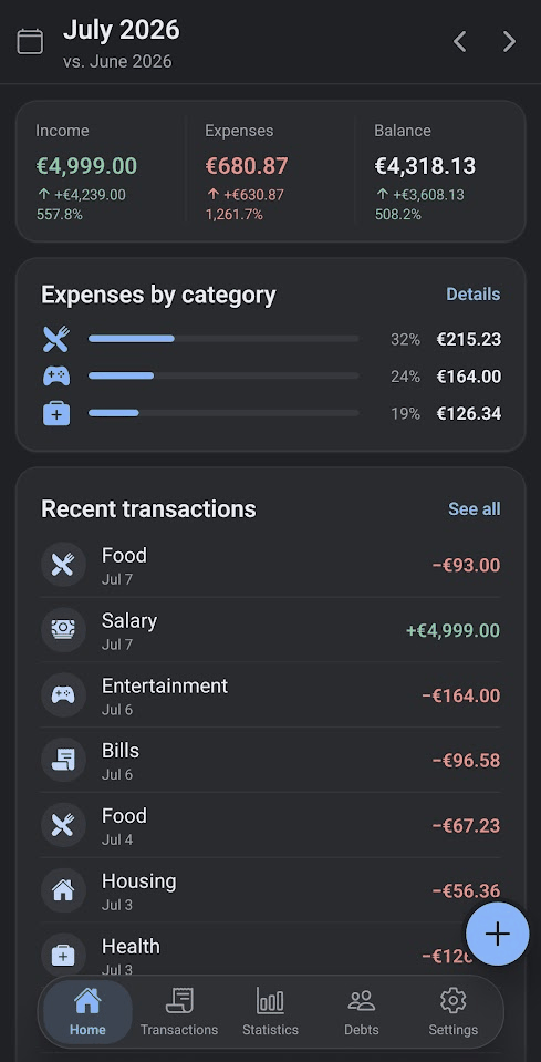 Sumova home screen: monthly income, expenses and balance with recent transactions
