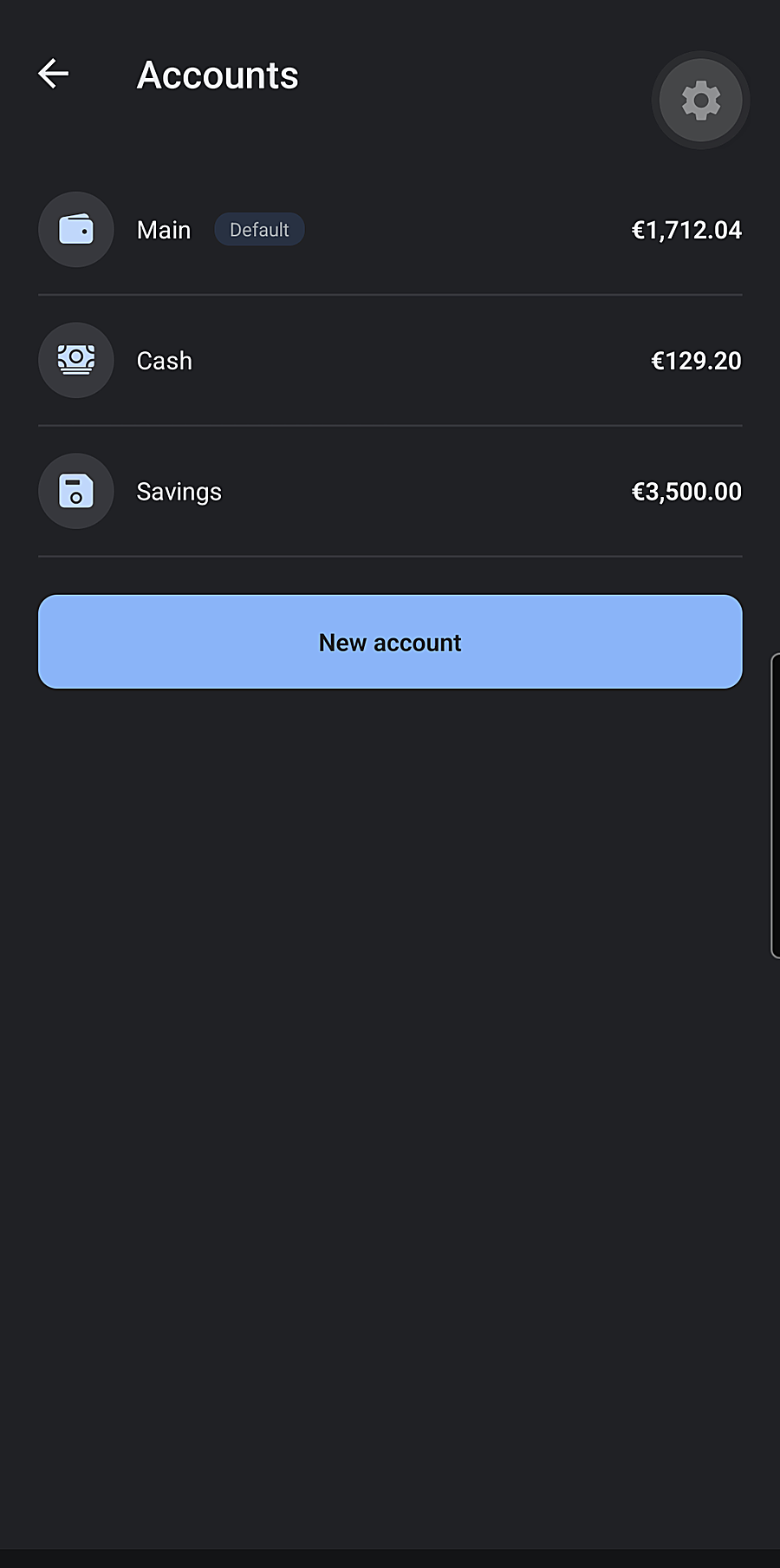 Sumova accounts screen: multiple accounts with balances