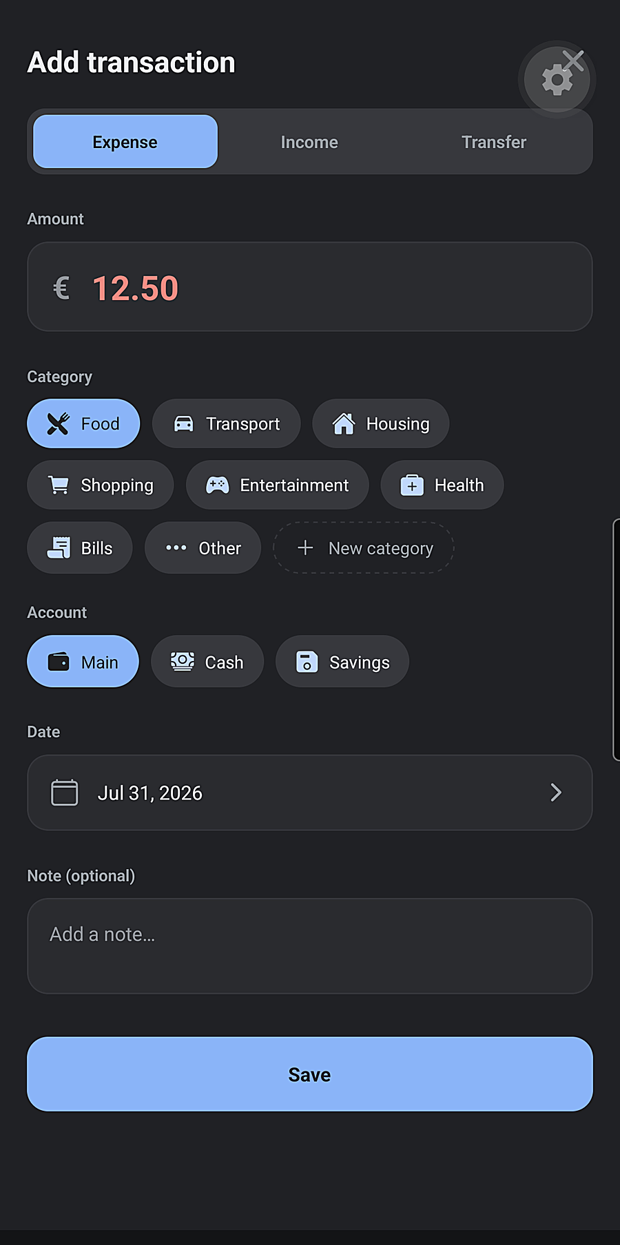 Sumova add-transaction screen: amount, category chips, date and note