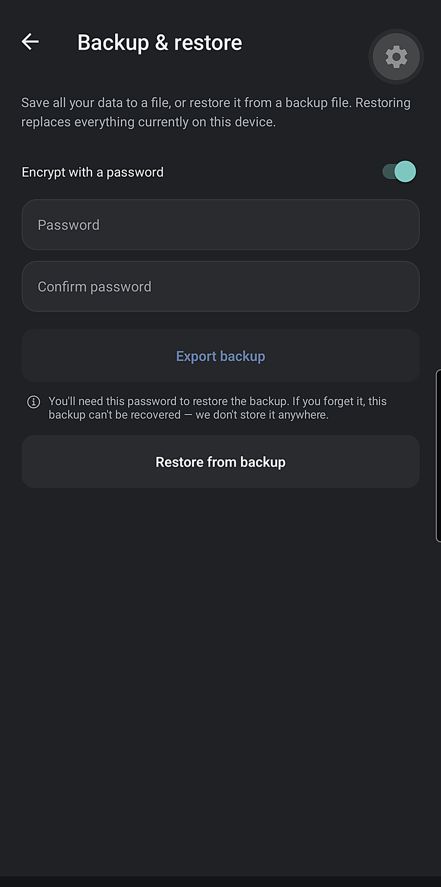Sumova backup screen: export and restore an encrypted backup file