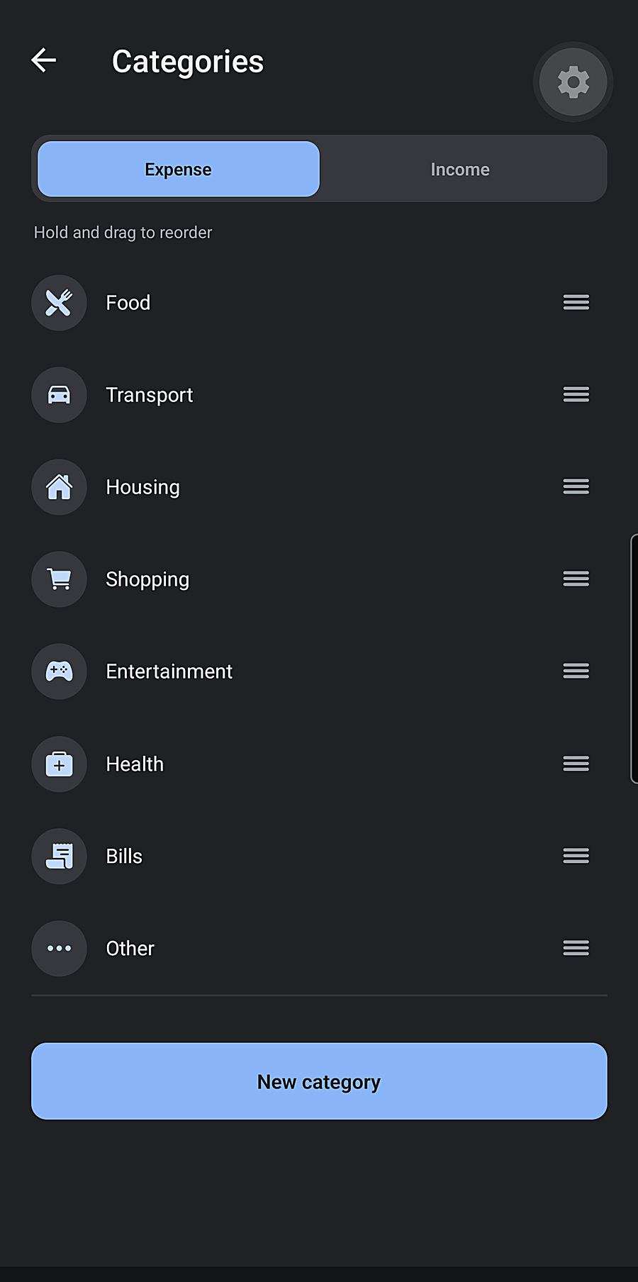 Sumova categories screen: custom categories with icons, drag to reorder