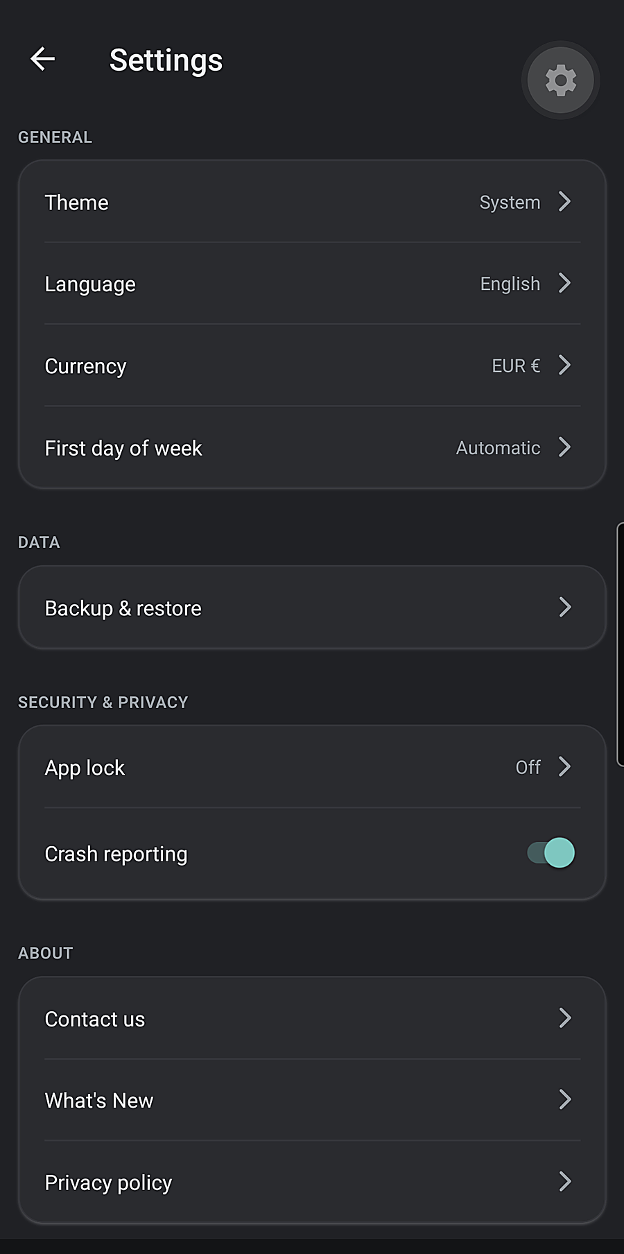 Sumova settings screen: language, currency and theme