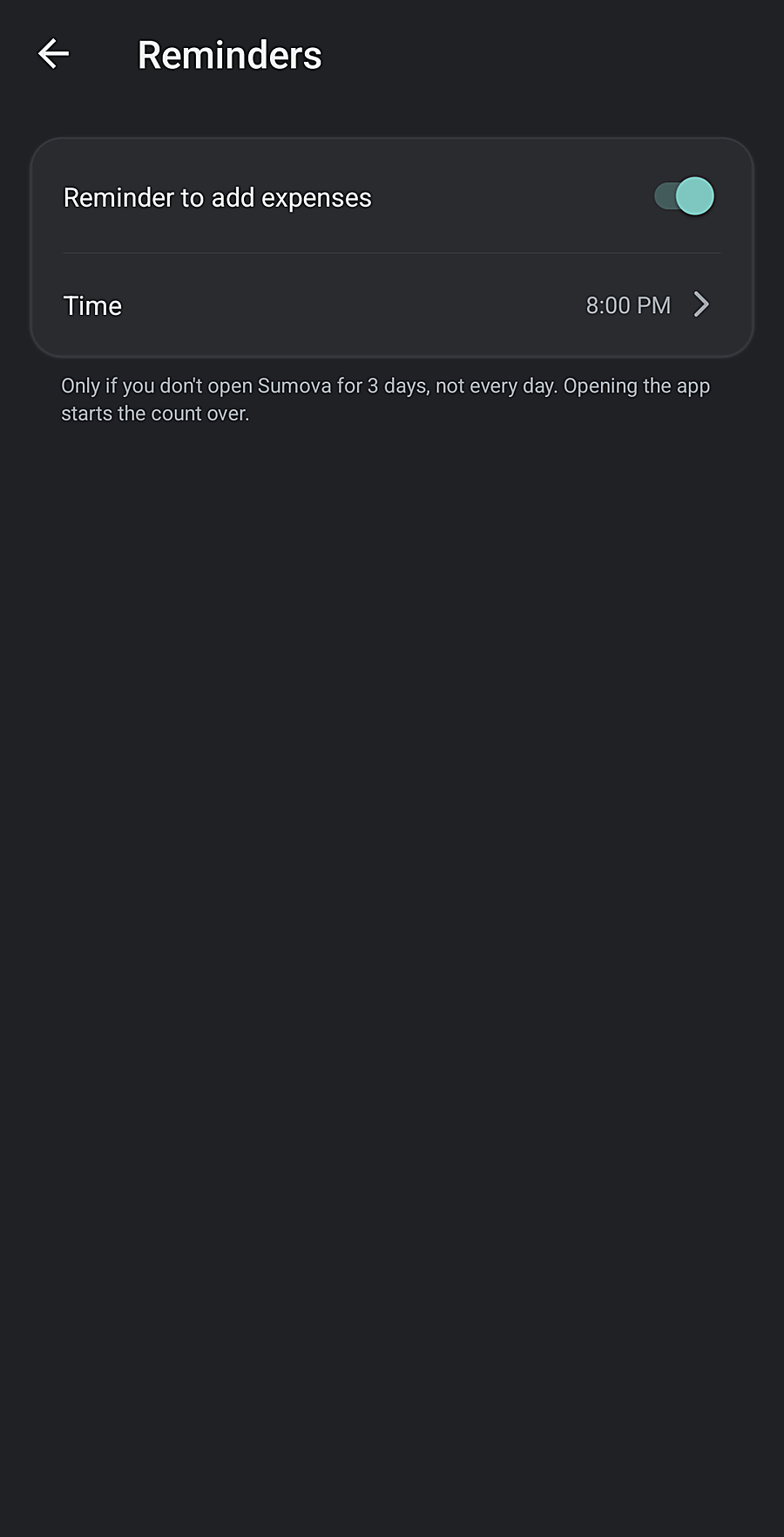 Sumova reminders screen: reminder to add expenses and the time it arrives