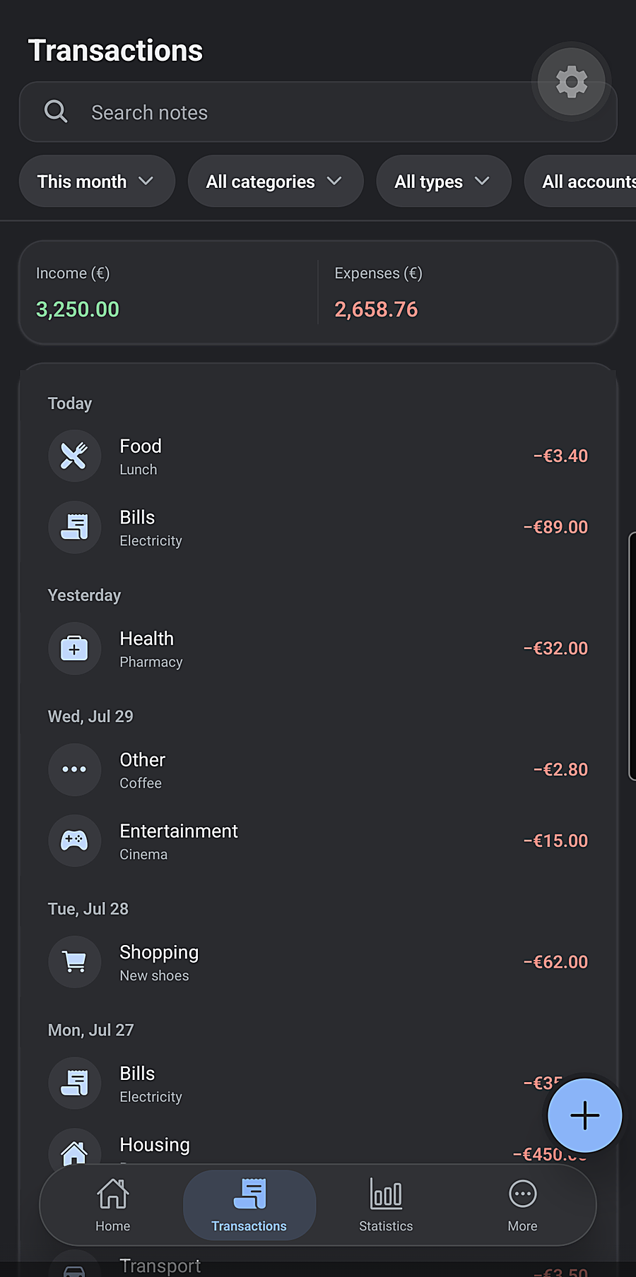 Sumova transactions screen: date-grouped list with filters and note search