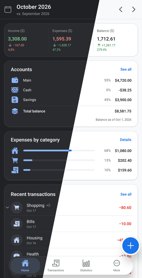 Sumova home screen: monthly income, expenses and balance with recent transactions
